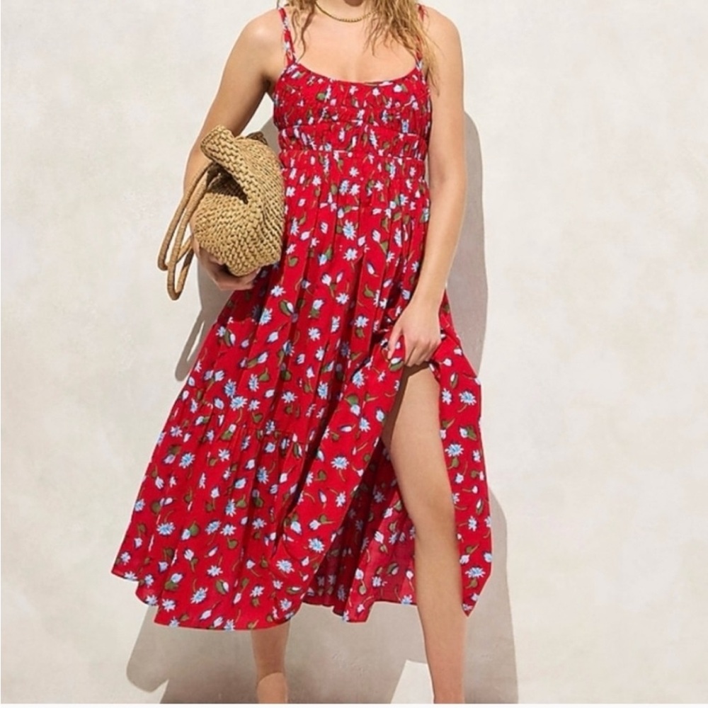 J Crew 100% Cotton Red Floral Maxi Dress- brushed daisy print. Size M.